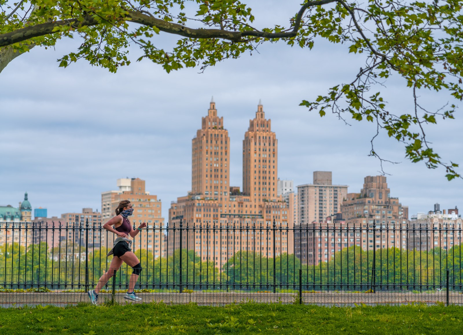 Running through a park.
