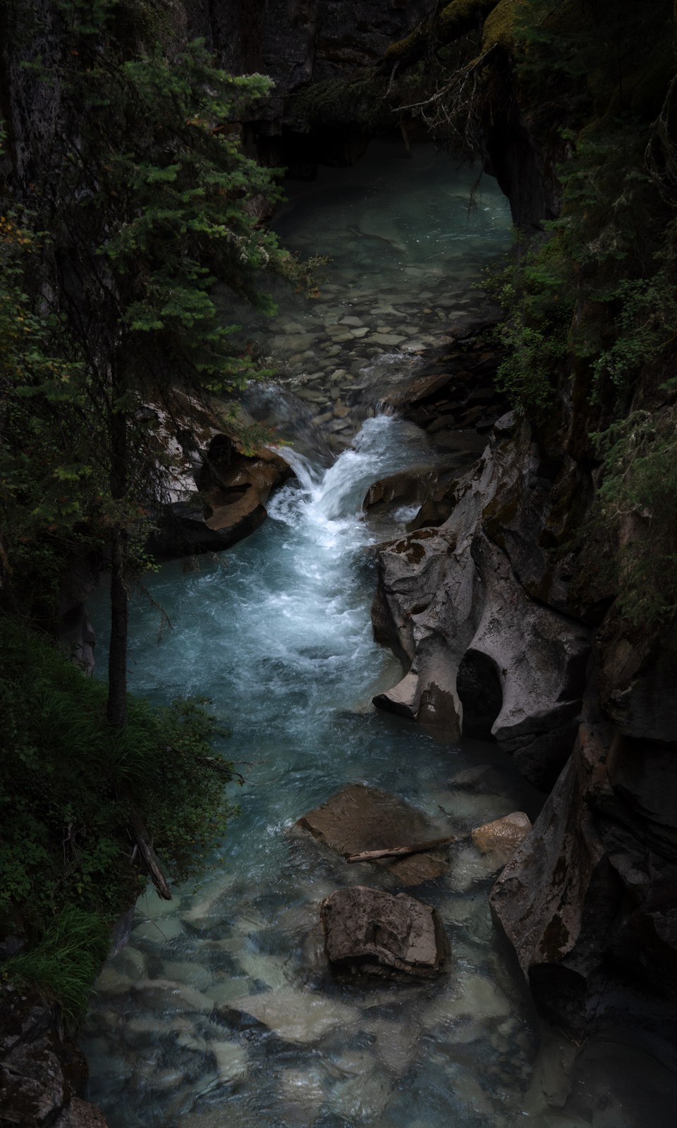 A narrow river passes through pale rock and a dark forested gorge.